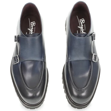 Double buckle moccasin in blue antiqued calfskin handmade by Fratelli Borgioli