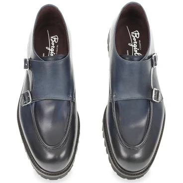 Mocassin double boucle en cuir de veau vieilli bleu fait main par Fratelli Borgioli