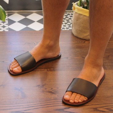 Men's leather slides sandals in dark brown leather handmade