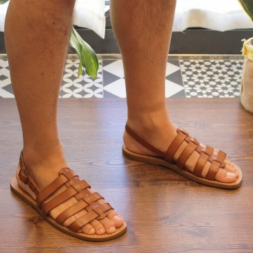 Sandali da uomo a gabbia in pelle color cuoio