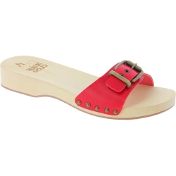 Handgefertigte Holzclogs für Damen mit verstellbares rotem Lederband