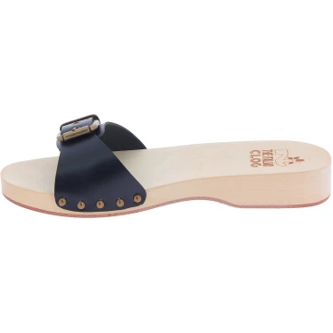 Handmade men's wooden clog slippers with adjustable black leather band