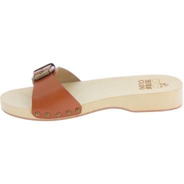 Handmade men's wooden clog sandals with adjustable tan leather band