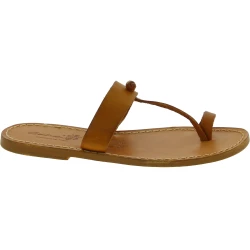 Handgefertigte Zehenstegsandalen für Damen aus hellbraunem Leder
