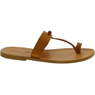 Handgefertigte Zehenstegsandalen für Damen aus hellbraunem Leder