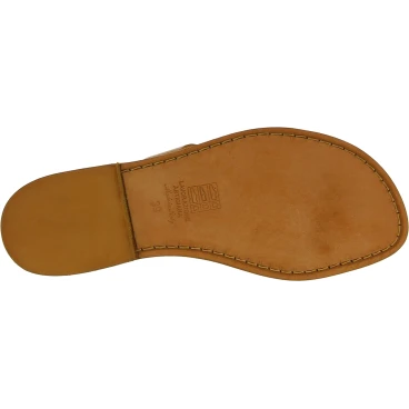 Handgefertigte Zehenstegsandalen für Damen aus hellbraunem Leder