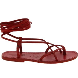 Sandales plates à lanières en cuir rouge fabriquées à la main en Italie