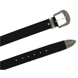 Black leather western belt with silver metal buckle engraved