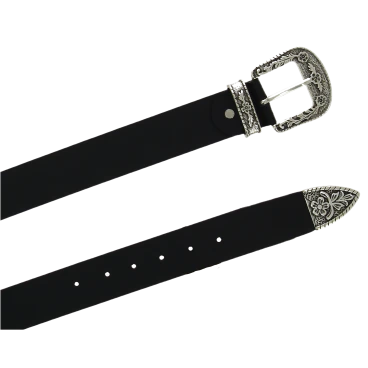 Black leather western belt with silver metal buckle engraved
