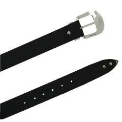 Cintura western in pelle nera con fibbia argentata in metallo