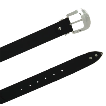 Black leather western belt with silver metal buckle engraved