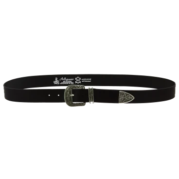 Black leather western belt with silver metal buckle engraved