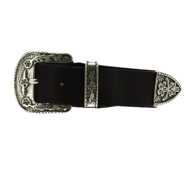Black leather western belt with silver metal buckle engraved