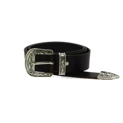 Cinturón wester de cuero negro con hebilla plateada de metal