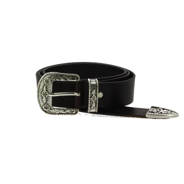Black leather western belt with silver metal buckle engraved