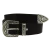 Black leather western belt with silver metal buckle engraved