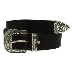 Black leather western belt with silver metal buckle engraved