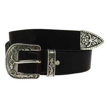 Black leather western belt with silver metal buckle engraved