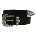 Black leather western belt with silver metal buckle engraved
