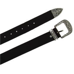 Dark brown leather western belt with silver metal buckle engraved