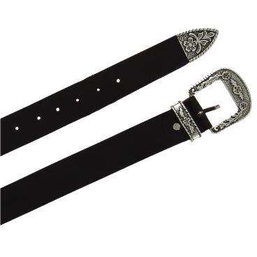 Cintura western in pelle marrone scuro con fibbia argentata in metallo