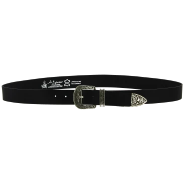 Cintura western in pelle marrone scuro con fibbia argentata in metallo