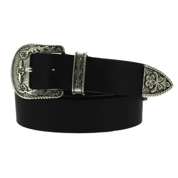 Cintura western in pelle marrone scuro con fibbia argentata in metallo