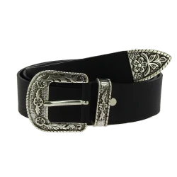 Dark brown leather western belt with silver metal buckle engraved