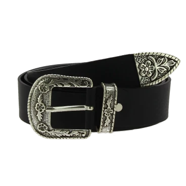 Ceinture western en cuir marron foncé avec boucle argentée gravé