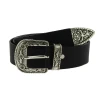 Dark brown leather western belt with silver metal buckle engraved