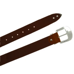 Tan leather western belt with silver metal buckle engraved