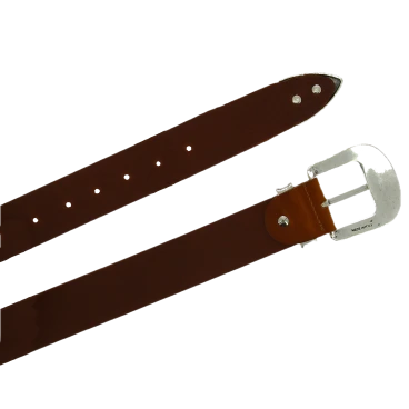 Tan leather western belt with silver metal buckle engraved