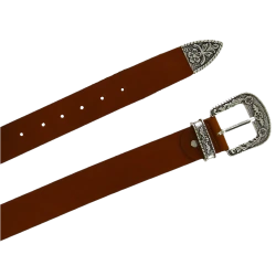 Tan leather western belt with silver metal buckle engraved