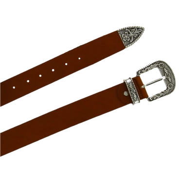 Tan leather western belt with silver metal buckle engraved