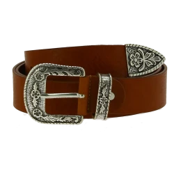 Tan leather western belt with silver metal buckle engraved