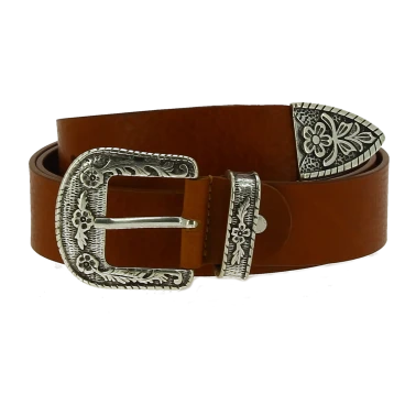 Tan leather western belt with silver metal buckle engraved