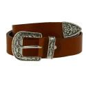Tan leather western belt with silver metal buckle engraved