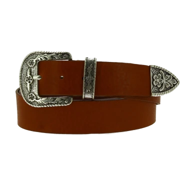 Tan leather western belt with silver metal buckle engraved