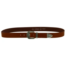 Tan leather western belt with silver metal buckle engraved