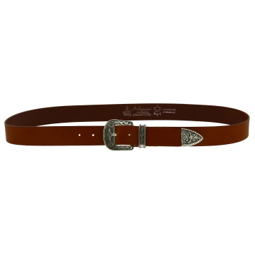 Tan leather western belt with silver metal buckle engraved