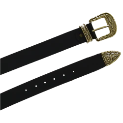Black leather western belt with bronze metal buckle engraved