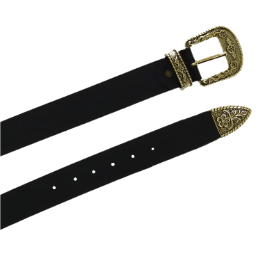 Black leather western belt with bronze metal buckle engraved