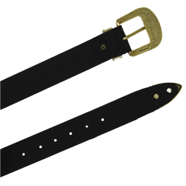 Black leather western belt with bronze metal buckle engraved