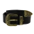 Black leather western belt with bronze metal buckle engraved