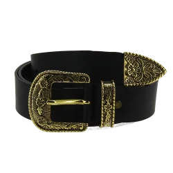 Black leather western belt with bronze metal buckle engraved