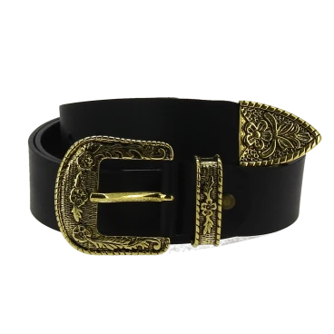 Black leather western belt with bronze metal buckle engraved