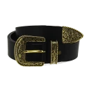 Black leather western belt with bronze metal buckle engraved