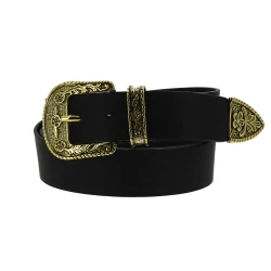 Black leather western belt with bronze metal buckle engraved
