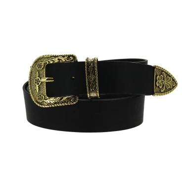 Cintura western in pelle nera con fibbia in metallo color bronzo