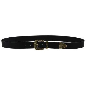 Black leather western belt with bronze metal buckle engraved